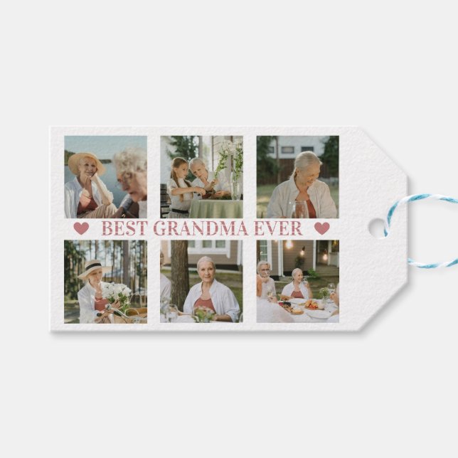 Étiquettes-cadeau Best Grandma Ever Photo Collage – Gift with Hearts (Devant (Horizontal))