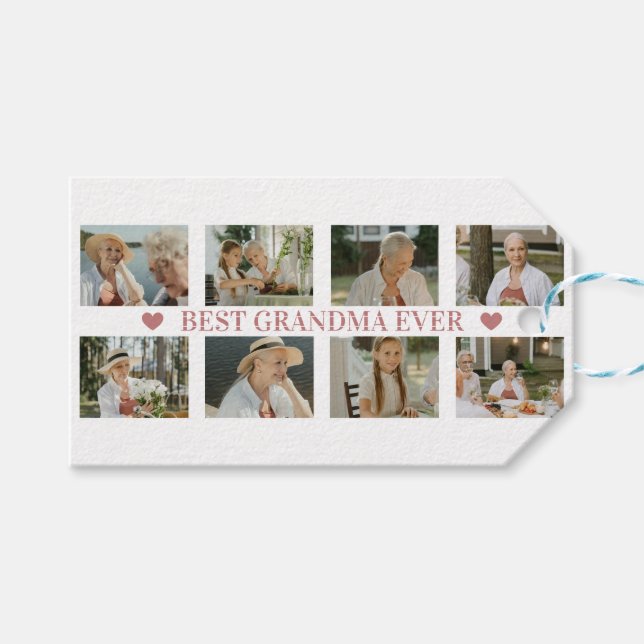 Étiquettes-cadeau Best Grandma Ever Photo Collage – Gift with Hearts (Devant (Horizontal))