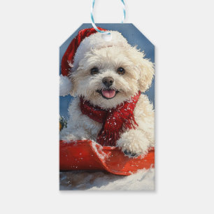 Étiquettes-cadeau Bichon frisé dans un traîneau Laissez neige Noël