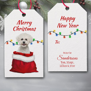 Étiquettes-cadeau Bichon Frise Dog dans le sac Père Noël
