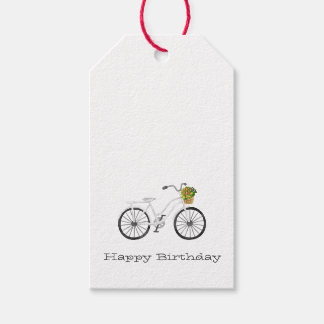 Étiquettes-cadeau Bicyclette blanche HEUREUX Panier à fleurs d'anniv (Devant)