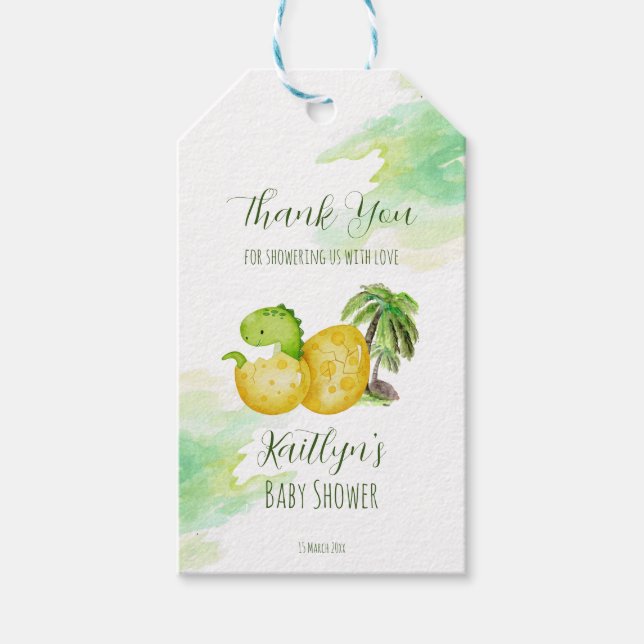 Étiquettes-cadeau Bientôt l'éclosion aquarelle vert bébé dinosaure (Devant)