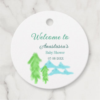 Étiquettes Cadeau Bienvenue à la baby shower nom colline d'arbres bl