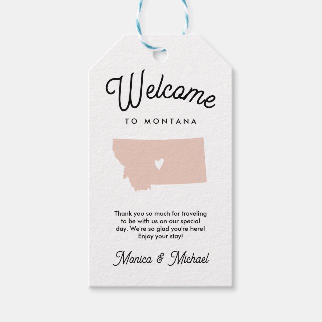 Étiquettes-cadeau Bienvenue à MONTANA Mariage N'IMPORTE QUELLE COULE (Devant)