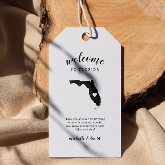 Étiquettes-cadeau Bienvenue en Floride | Mariage de calligraphie (Florida Destination Wedding or Florida state related event welcome tag with state silhouette )