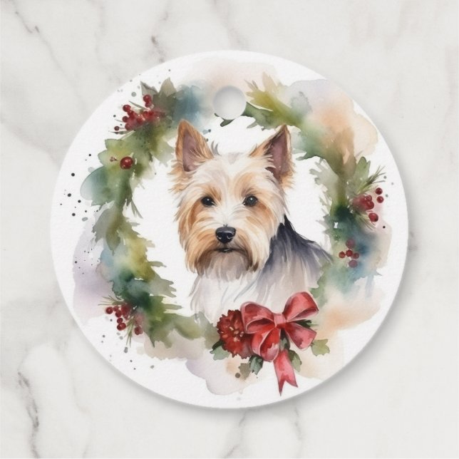 Étiquettes Cadeau Biewer Terrier Noël Wreath Festive Pup (Dos)