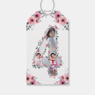 Étiquettes-cadeau Big 4th Birthday Girl Photo Collage Fleur rose