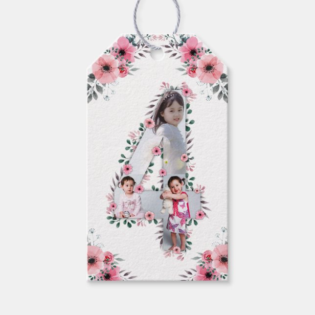 Étiquettes-cadeau Big 4th Birthday Girl Photo Collage Fleur rose (Devant)