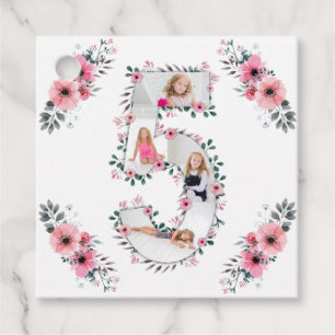 Étiquettes Cadeau Big 5th Birthday Girl Photo Collage Fleur rose