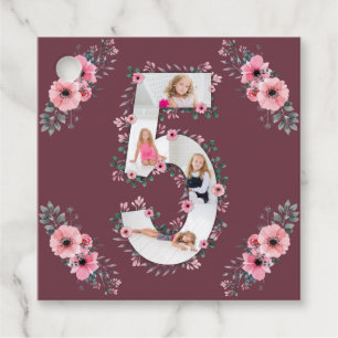 Étiquettes Cadeau Big 5th Birthday Girl Photo Collage Fleur rose