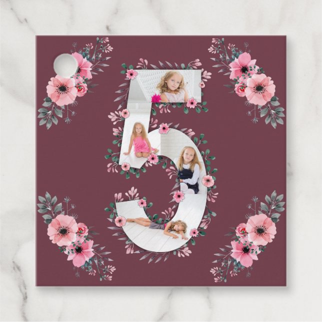 Étiquettes Cadeau Big 5th Birthday Girl Photo Collage Fleur rose (Devant)