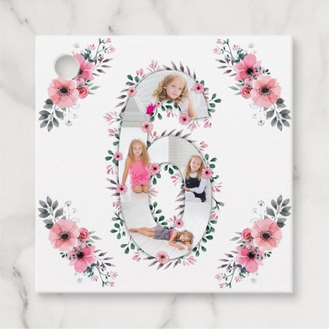 Étiquettes Cadeau Big 6th Birthday Girl Photo Collage Fleur rose (Devant)