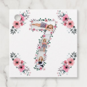 Étiquettes Cadeau Big 7th Birthday Girl Photo Collage Fleur rose