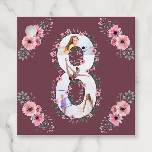 Étiquettes Cadeau Big 8th Birthday Girl Photo Collage Fleur Rose Fa (Devant)