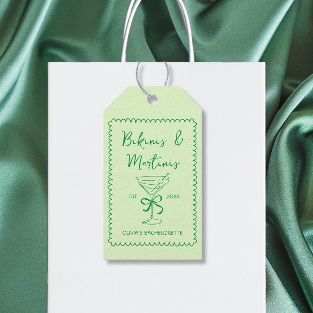 Étiquettes-cadeau Bikinis Dessinés à la Main & Cocktails au Martini  (Hand Drawn Bikinis & Martinis Bow Bachelorette Gift Tags)