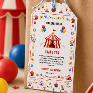 Étiquettes-cadeau Billet de cirque rouge moderne pour 1er anniversai