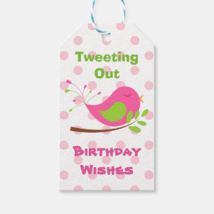 Étiquettes-cadeau Bip rose d'anniversaire d'oiseau de Polkadot