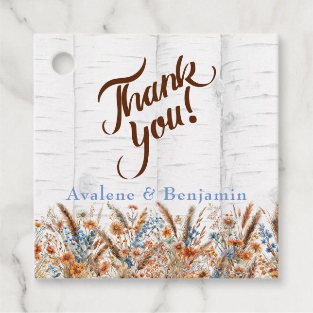 Étiquettes Cadeau Birch Tree d'automne et Mariage Fleur sauvage Merc (Devant)