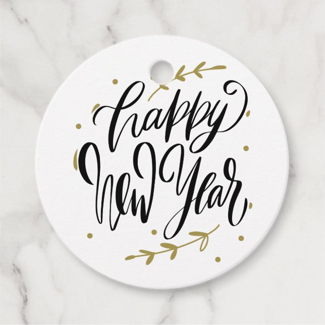 Étiquettes Cadeau Black and Gold Happy New Year Calligraphy Wreath (Devant)