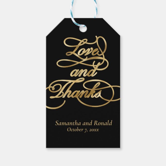 Étiquettes-cadeau Black and Gold Love and Thanks Calligraphy Wedding (Devant)