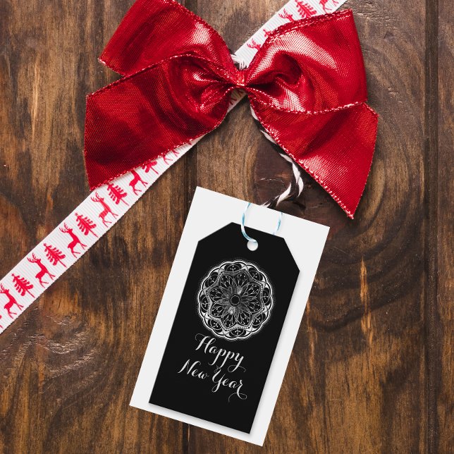 Étiquettes-cadeau Black and white floral mandala happy new year (Créateur téléchargé)