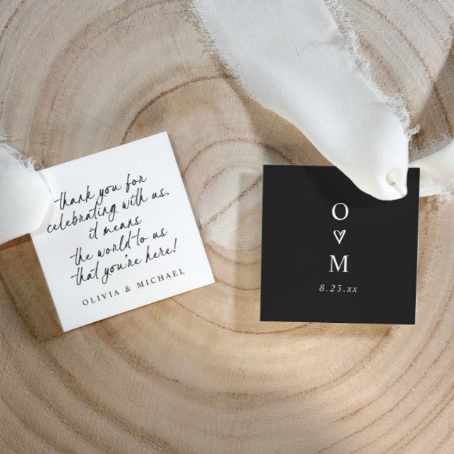 Étiquettes Cadeau Black and White Handwriting Modern Simple Wedding (Elegant hand written not wedding favor tags with modern minimalist cute handwriting and heart.)
