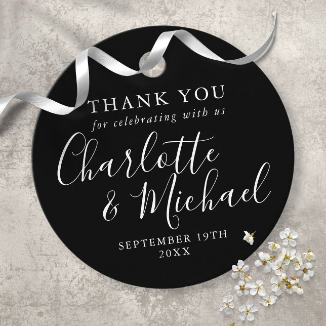 Étiquettes Cadeau Black And White Script Wedding Thank You (Créateur téléchargé)