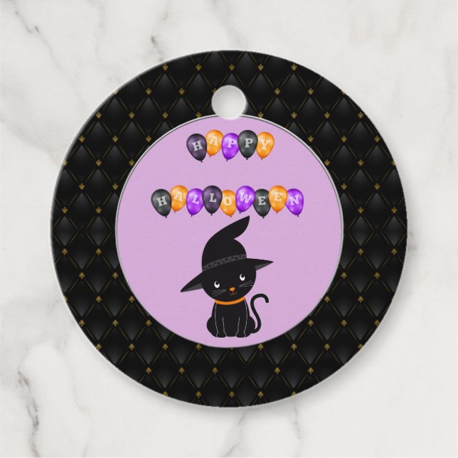 Étiquettes Cadeau Black Boarder Chat noir Happy Halloween Ballons (Devant)