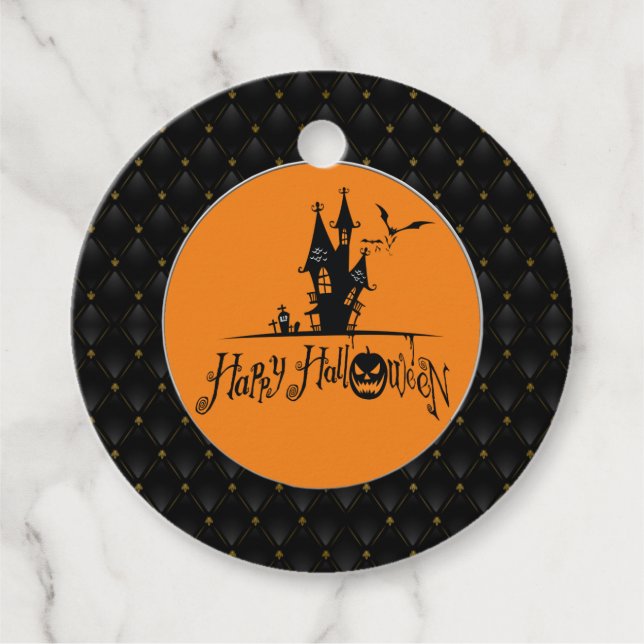 Étiquettes Cadeau Black Boarder Happy Halloween Haunted House (Devant)