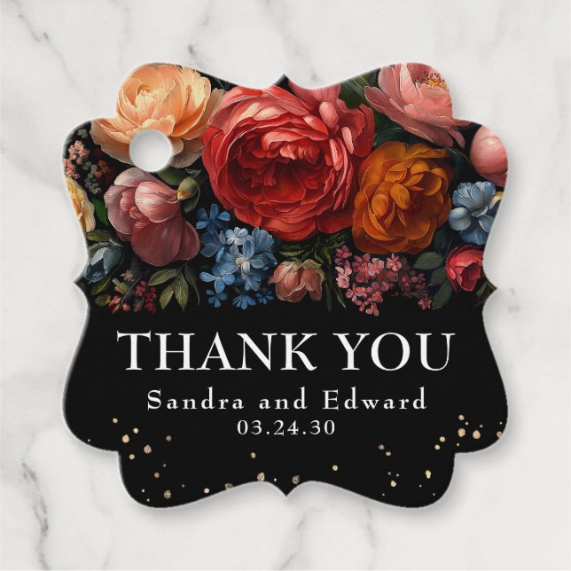 Étiquettes Cadeau Black Floral Botanique Moody Mariage Merci (Devant)