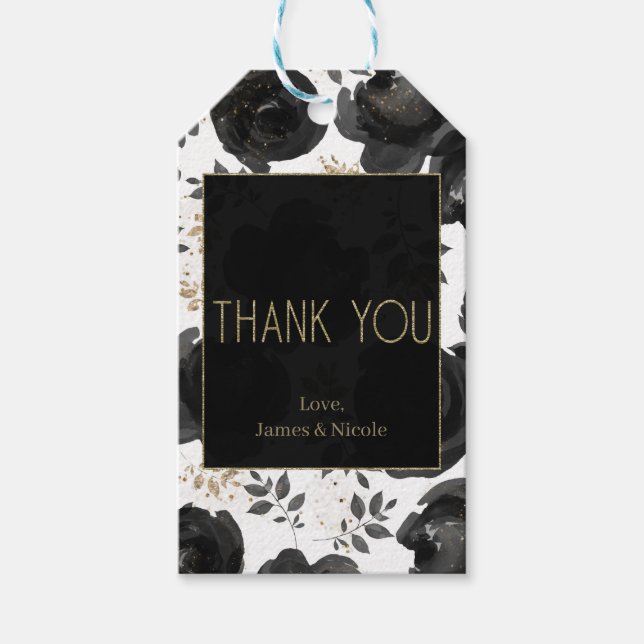 Étiquettes-cadeau Black Gold Floral Glam Feuille Mariage (Devant)