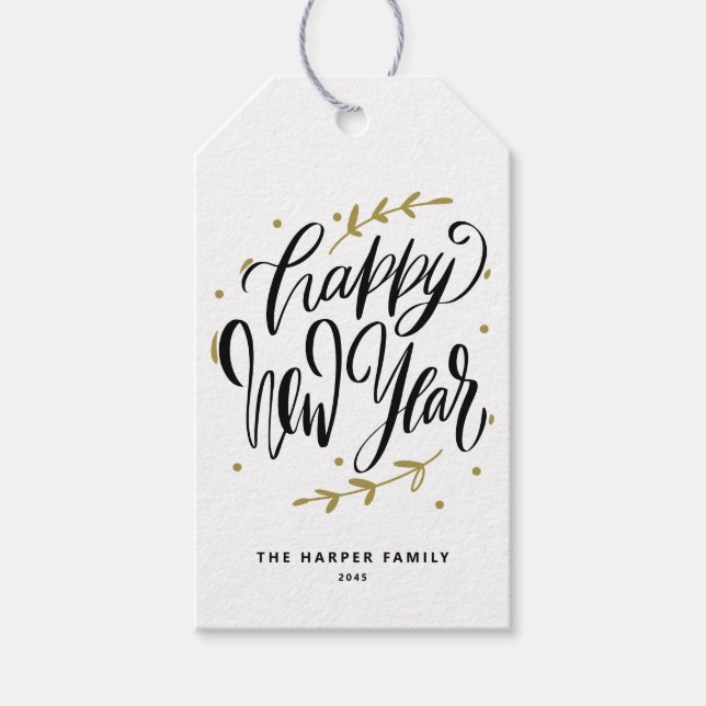 Étiquettes-cadeau Black Happy New Year Modern Calligraphy Wreath (Devant)