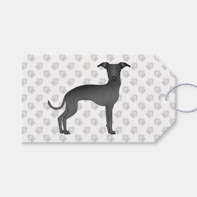 Étiquettes-cadeau Black Italien Greyhound Cute Cartoon Chien avec pa (Devant (Horizontal))