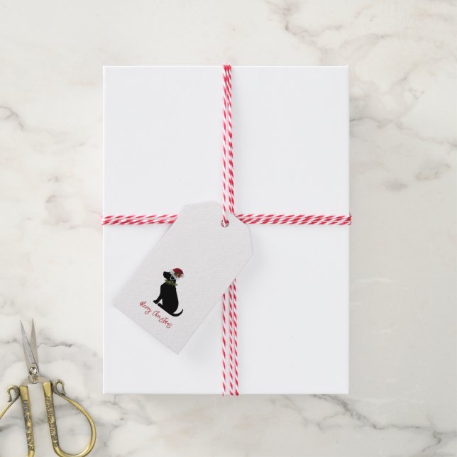 Étiquettes-cadeau Black Lab Joyeux Noël Santa Hat Holly Moderne (Avec de la ficelle)