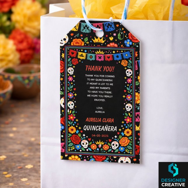 Étiquettes-cadeau Black Mexican Fiesta Floral Gold Tiara Quinceañera (Black Mexican Fiesta Floral Gold Tiara Quinceañera Gift Tags
)