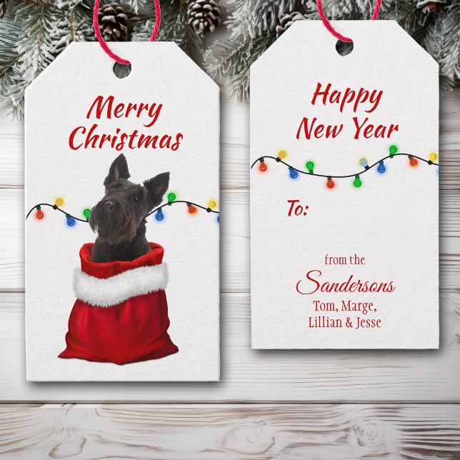 Étiquettes-cadeau Black Scottish Terrier dans le sac Père Noël (Créateur téléchargé)