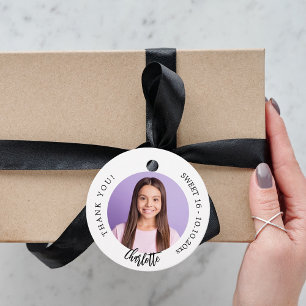 Étiquettes Cadeau Black white photo personnalisée merci Sweet 16