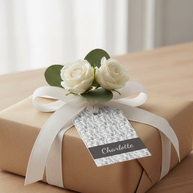 Étiquettes-cadeau Black White Toile Floral Custom Name Monogram Gift (elegant black and white toile floral personalized custom name monogram gift tags)