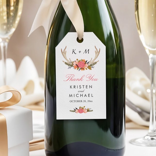 Étiquettes-cadeau Blanc Antler Rustique Mariage Floral Merci (Créateur téléchargé)