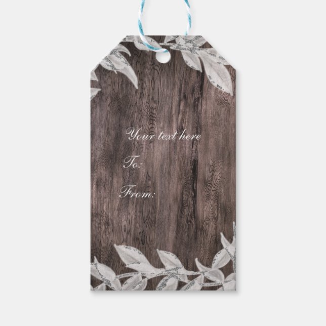 Étiquettes-cadeau Blanc & Argent Feuille Mariage d'hiver Rustique Fa (Devant)