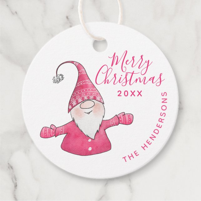 Étiquettes Cadeau Blanc blanc et rose mignon Gnome Joyeux Noël (Devant)