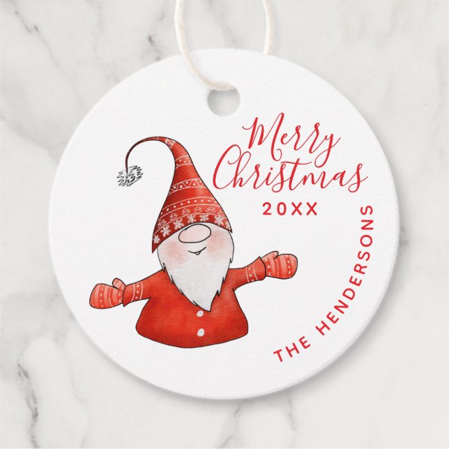 Étiquettes Cadeau Blanc blanc et rouge mignonne Gnome Joyeux Noël (Devant)