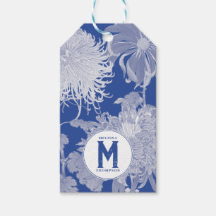 Étiquettes-cadeau Blanc bleu Vintage Chinoiserie Floral Monogramme