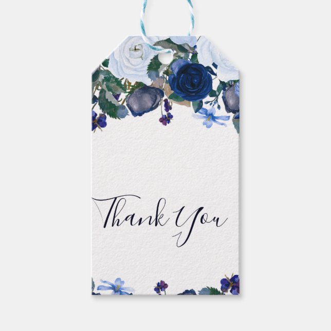 Étiquettes-cadeau Blanc et bleu hiver Floral Bouquet Chic Mariage (Devant)