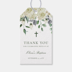 Étiquettes-cadeau Blanc Floral Vert Baptême Merci Cadeaux Tags
