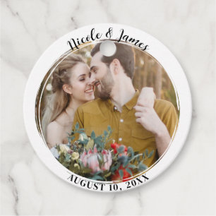 Étiquettes Cadeau Blanc minimal tendance ronde photo mariage Faveur