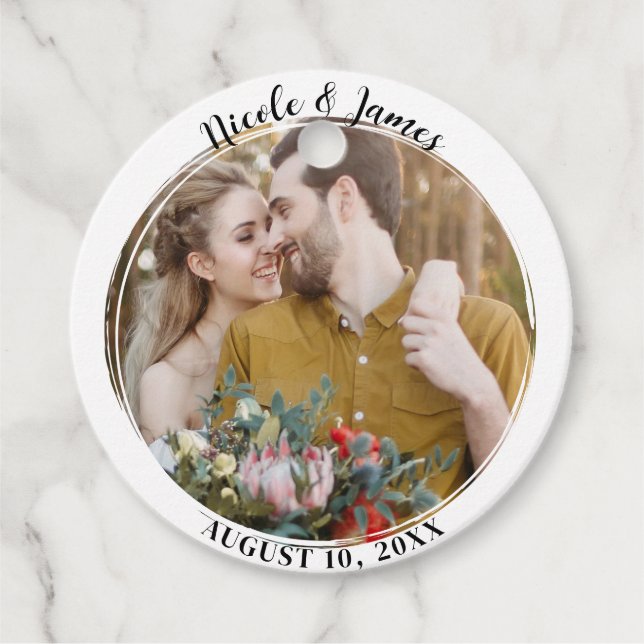Étiquettes Cadeau Blanc minimal tendance ronde photo mariage Faveur (Devant)