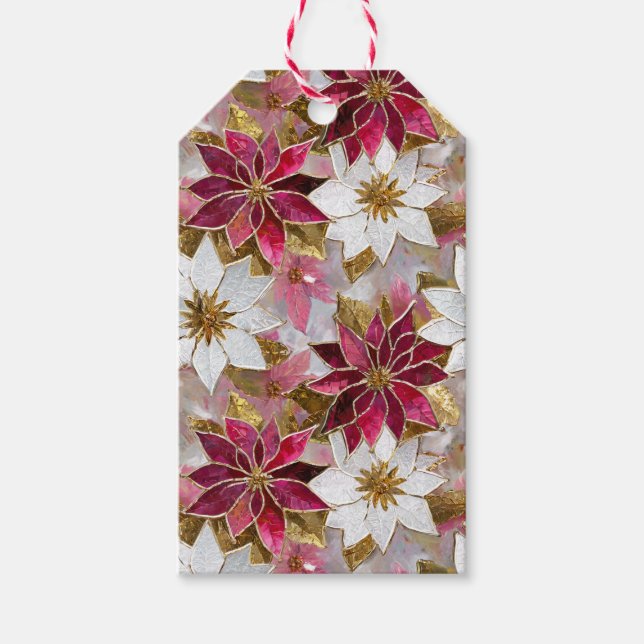 Étiquettes-cadeau Blanc Or Bourgogne rose Poinsettias de Noël (Devant)