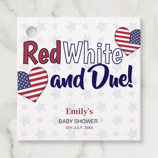 Étiquettes Cadeau Blanc rouge et échéance juillet 4 Baby shower patr (Devant)
