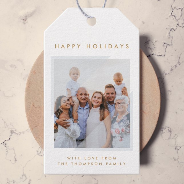 Étiquettes-cadeau Blanc simple minimal | Photo de famille de Noël (Créateur téléchargé)
